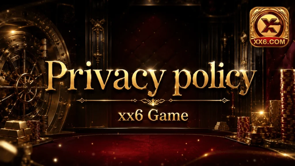 Privacy Policy XX6 Game luxury casino background with gold vault, elegant dark burgundy theme and premium gaming atmosphere