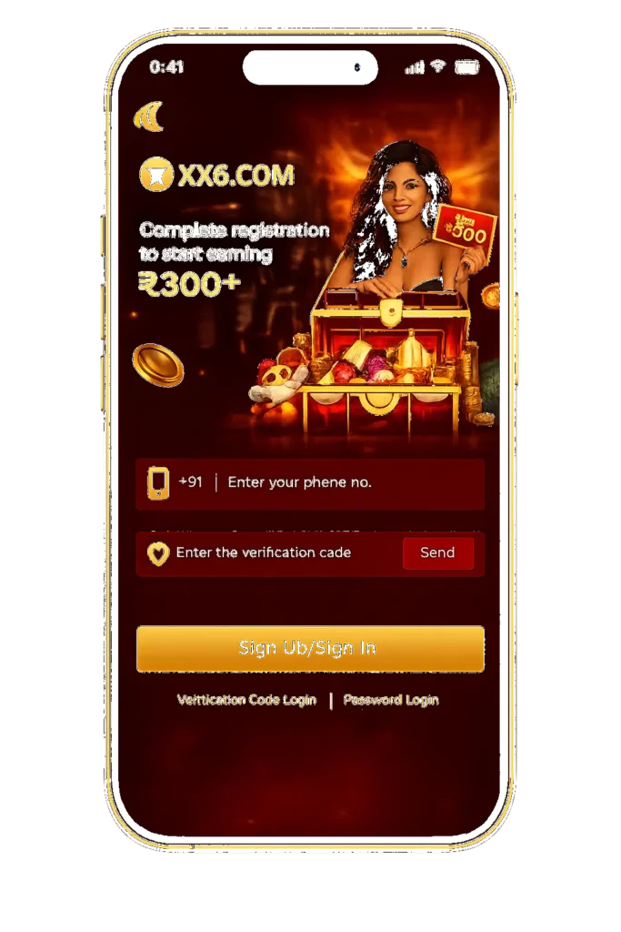 XX6 Game registration and login screen displayed inside a smartphone frame with transparent background.