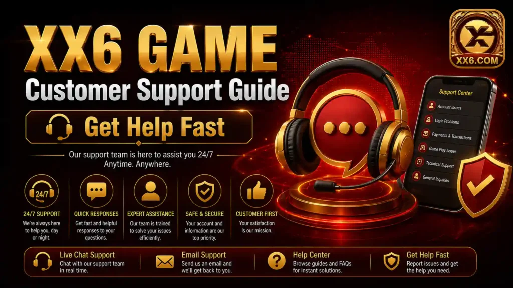 XX6 Game Customer Support Guide banner featuring customer service resources, help center access, account assistance, troubleshooting support, and fast response solutions for XX6 Game users.
