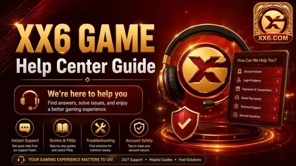 XX6 Game Help Centre Guide banner featuring customer support resources, troubleshooting assistance, FAQs, account help, and user support information for XX6 Game.