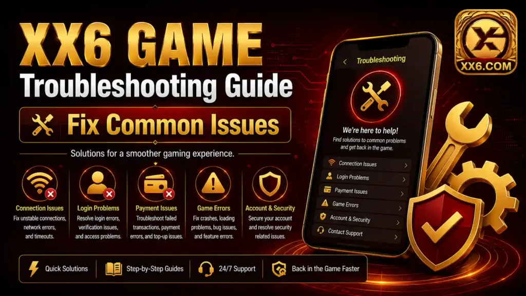 XX6 Game Troubleshooting Guide banner featuring common technical issues, login problems, account errors, and practical solutions for XX6 Game users.