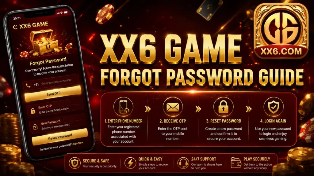 XX6 Game Forgot Password guide showing the account recovery process, OTP verification, password reset steps, and secure login access