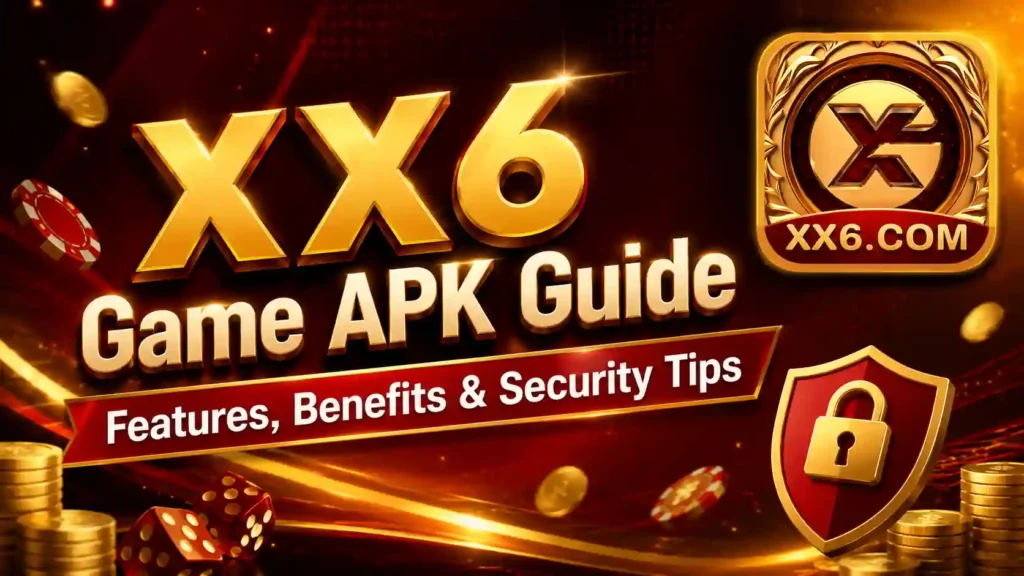 XX6 Game APK guide banner featuring the XX6 Game logo, premium gaming-themed design, and information about features, benefits, and security tips for Android users.