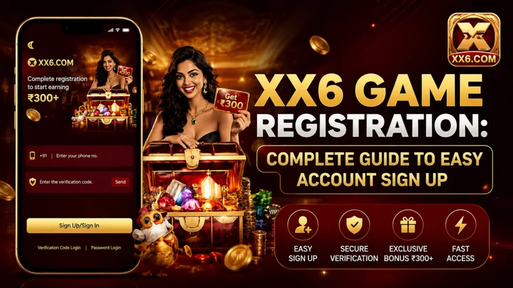 Alt Text: XX6 Game registration guide banner showing mobile sign up screen, verification code login, bonus ₹300+, and fast account access.